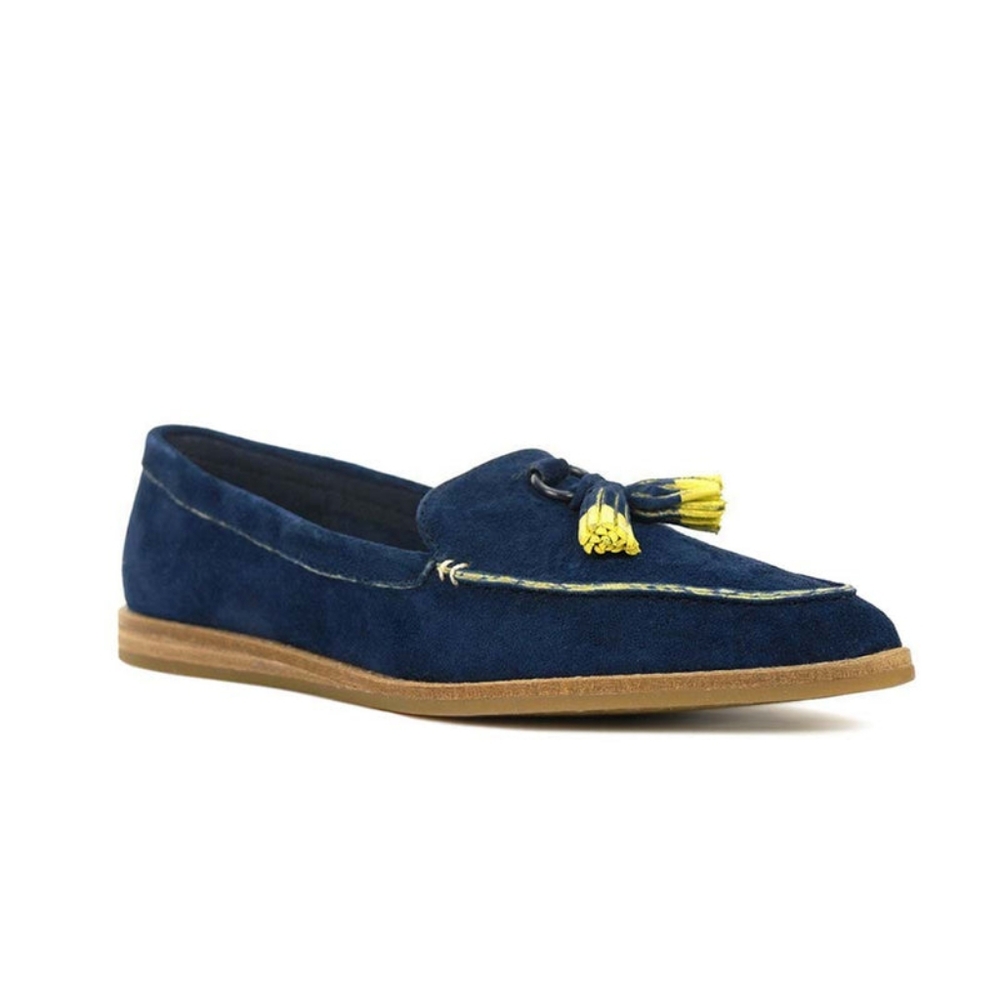 Navy Blue Suede Pointy Loafers, Slip Ons, Ballerina Flats with Tassels